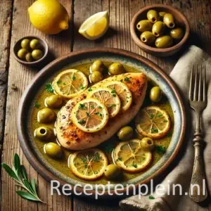 Gebakken Kipfilet met Citroen-Olijvensaus op rustieke houten tafel