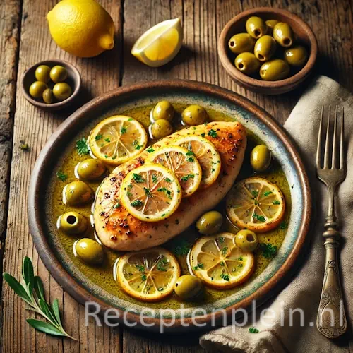 Gebakken Kipfilet met Citroen-Olijvensaus op rustieke houten tafel