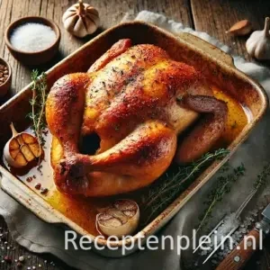 Gebraden kip op rustieke houten tafel