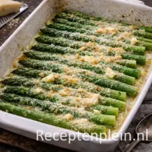 Gegratineerde groene asperges op rustieke houten tafel