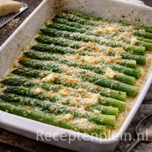 Gegratineerde groene asperges op rustieke houten tafel