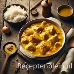 Natuurgetrouwe foodfoto van gele kokos-kipstoof geserveerd in een licht verweerde keramische ovenschaal op een rustieke houten tafel. Stukken kip liggen in een romige goudgele kokossaus met zachte uiringen en subtiele kruidenspetters. De saus toont lichte natuurlijke oliescheiding. Naast de schaal staan een kom witte rijst, kleine schaaltjes met specerijen en een houten lepel op een linnen doek. Gefotografeerd in zacht natuurlijk daglicht met een warme, huiselijke uitstraling en subtiele saussporen langs de rand van de schaal.
