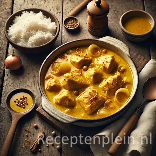 Natuurgetrouwe foodfoto van gele kokos-kipstoof geserveerd in een licht verweerde keramische ovenschaal op een rustieke houten tafel. Stukken kip liggen in een romige goudgele kokossaus met zachte uiringen en subtiele kruidenspetters. De saus toont lichte natuurlijke oliescheiding. Naast de schaal staan een kom witte rijst, kleine schaaltjes met specerijen en een houten lepel op een linnen doek. Gefotografeerd in zacht natuurlijk daglicht met een warme, huiselijke uitstraling en subtiele saussporen langs de rand van de schaal.