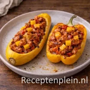 Gevulde gele courgette en gele paprika met tandoori kip uit de airfryer