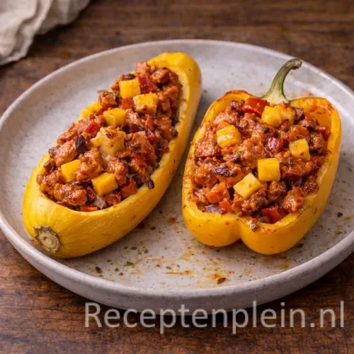 Gevulde gele courgette en gele paprika met tandoori kip uit de airfryer