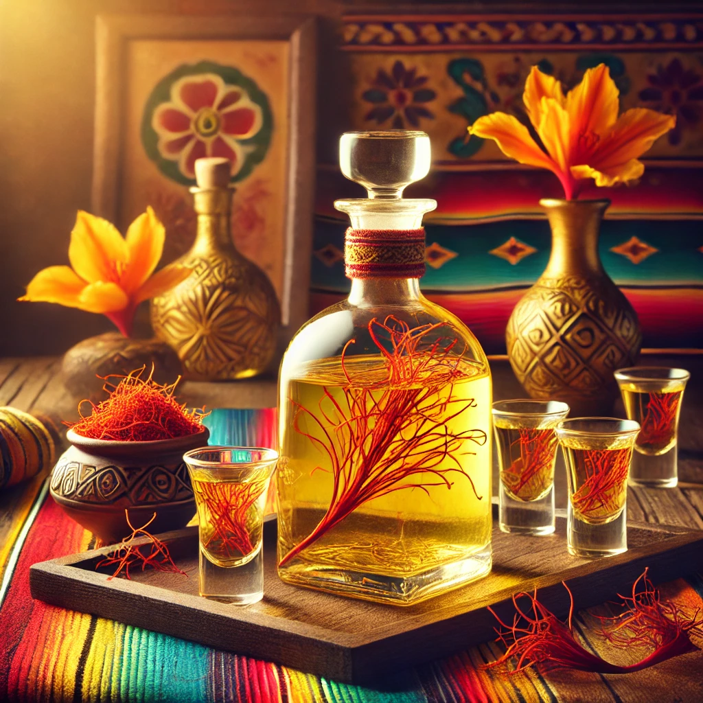 Een verfijnde presentatie van saffraanwodka in een glazen karaf met bijpassende kleine glazen, geplaatst op een rustieke houten tray. De wodka heeft een rijke goudgele kleur met zichtbare saffraandraadjes die een luxe uitstraling geven. Enkele saffraandraadjes zijn kunstig rond de karaf gestrooid. De warme achtergrond straalt een uitnodigende sfeer uit met levendige kleuren en subtiele decoratieve patronen. 🍸🌼✨
