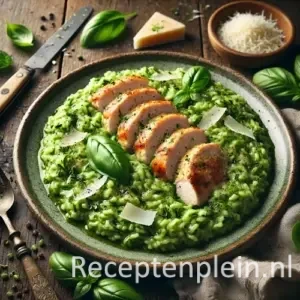 Groene kruidenrisotto met gegrilde kip en basilicum op houten tafel
