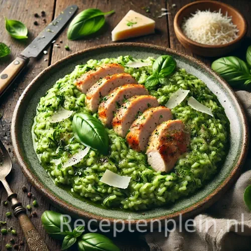 Groene kruidenrisotto met gegrilde kip en basilicum op houten tafel