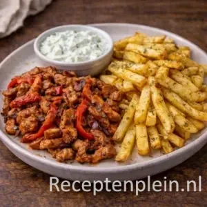 Een bord met pittig gekruide Gyros uit de airfryer, geserveerd met goudbruine frietjes en romige witte tzatziki.