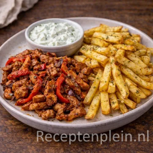 Een bord met pittig gekruide Gyros uit de airfryer, geserveerd met goudbruine frietjes en romige witte tzatziki.