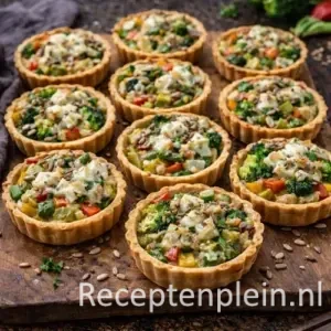 Italiaanse groentetaartjes met asperges op een rustieke houten tafel.