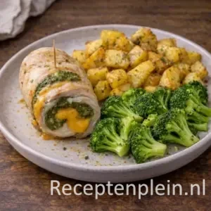 Kalkoenrol gevuld met pesto en cheddar, geserveerd met gekruide aardappelblokjes en broccoli op een bord, op een houten tafel.