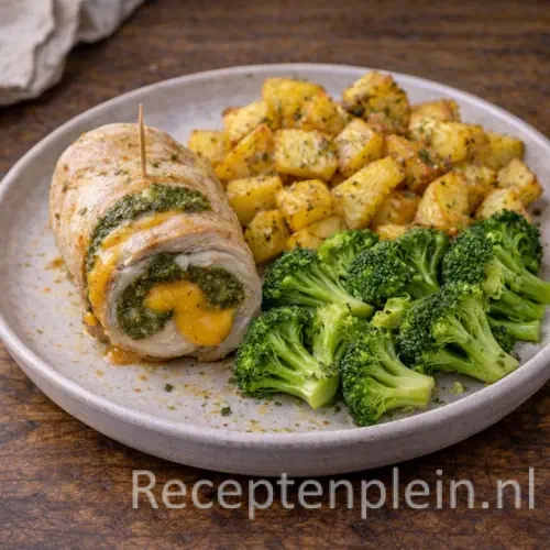 Kalkoenrol gevuld met pesto en cheddar, geserveerd met gekruide aardappelblokjes en broccoli op een bord, op een houten tafel.