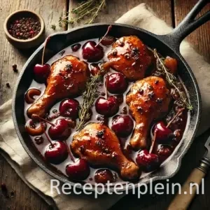 Kip in colasaus met kersen op rustieke houten tafel