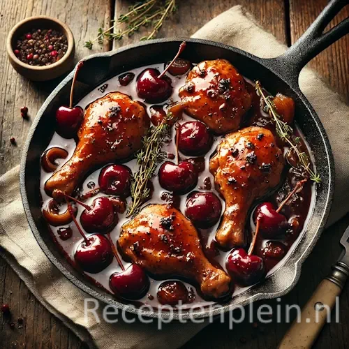 Kip in colasaus met kersen op rustieke houten tafel