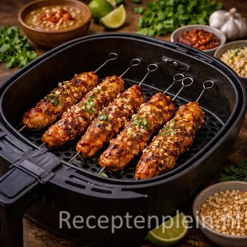 vijf stokjes met goudbruin gebakken Kipsaté uit de Airfryer, gemarineerd in sojasaus en specerijen, gepresenteerd op een schaal.