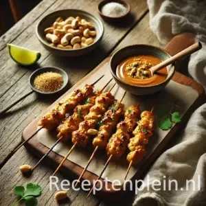 Kippe-Saté op Thaise wijze op rustieke houten tafel