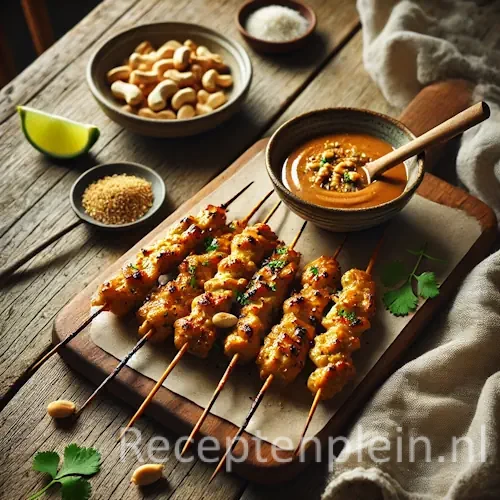 Kippe-Saté op Thaise wijze op rustieke houten tafel