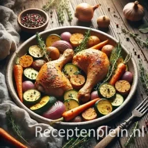Kippenpoten met groenten en verse kruiden op rustieke houten tafel