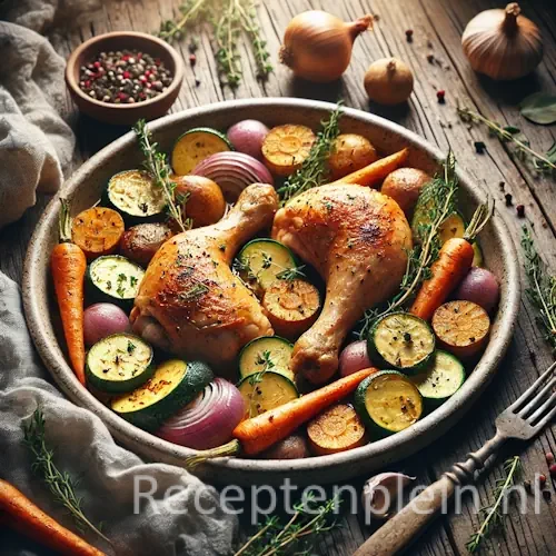 Kippenpoten met groenten en verse kruiden op rustieke houten tafel