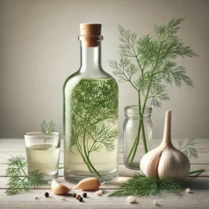 Knoflook- en dillewodka in een heldere glazen fles, omringd door verse dille, een geplet teentje knoflook en witte peperkorrels, gepresenteerd op een lichte houten tafel in een minimalistische en tekstvrije setting.