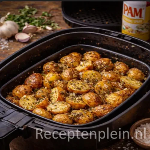 Goudbruin geroosterde rode krielaardappelen uit de airfryer, gekruid met knoflook, sjalot, oregano en grof zeezout, geserveerd in het airfryer-mandje op een rustieke houten tafel.