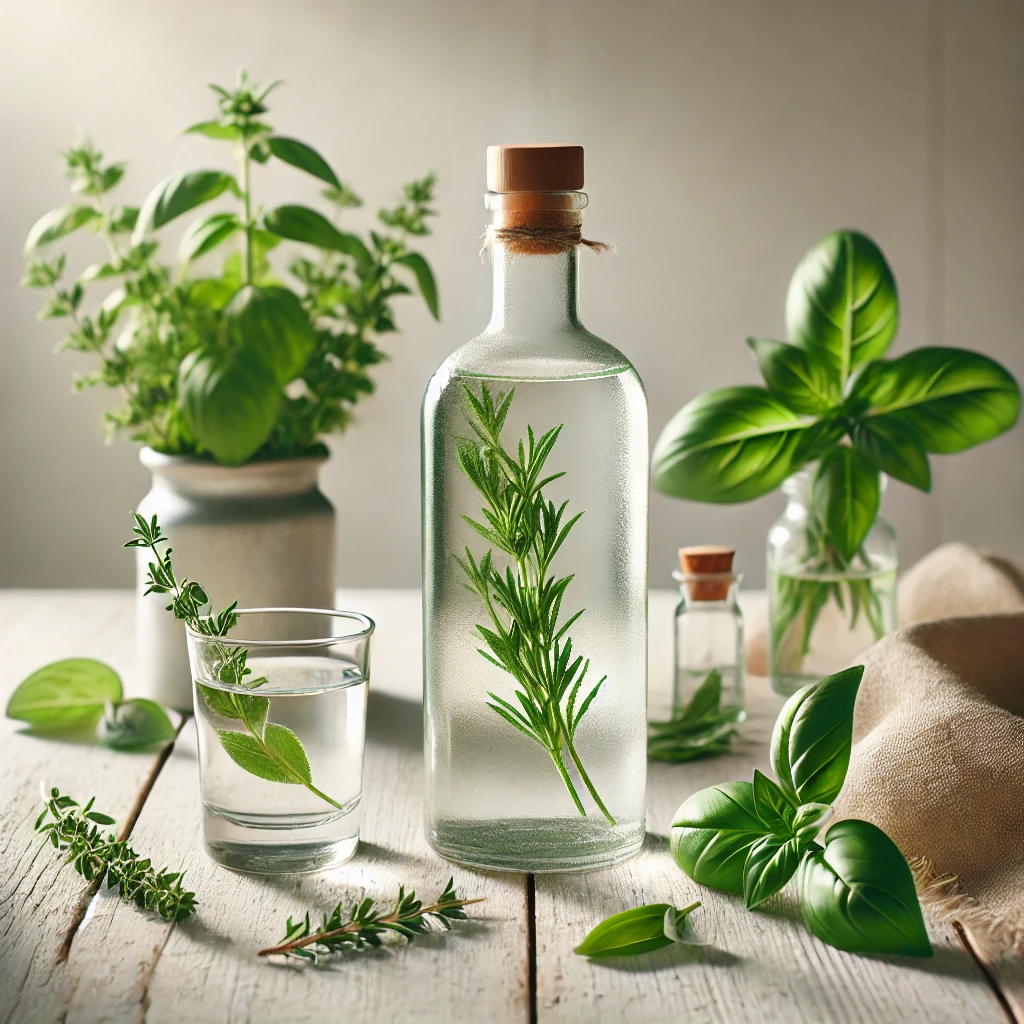 Kruidenwodka in een glazen fles, met een glas wodka ernaast, omringd door takjes dragon en basilicum, gepresenteerd op een lichte houten tafel in een minimalistische en tekstvrije setting.