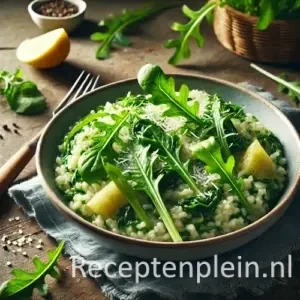 Romige lente risotto met raapstelen, rucola en Parmezaan in kom op houten tafel met citroenpartje.