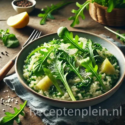 Romige lente risotto met raapstelen, rucola en Parmezaan in kom op houten tafel met citroenpartje.