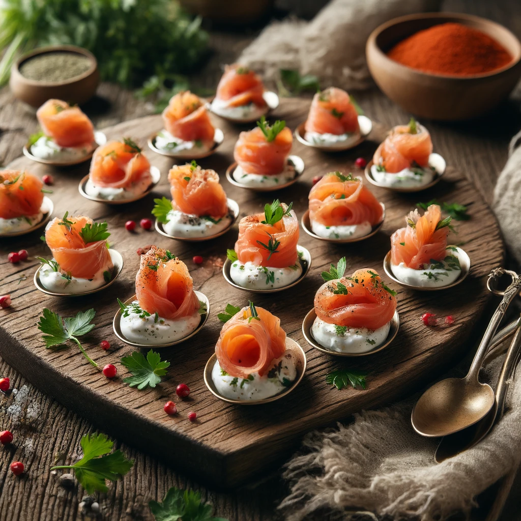 Lepelhapjes met een gerookte zalmnestje gevuld met een romige forelmousse, opgemaakt met bieslook, peterselie en paprikapoeder, geserveerd op een rustieke houten tafel met natuurlijke decoratie.