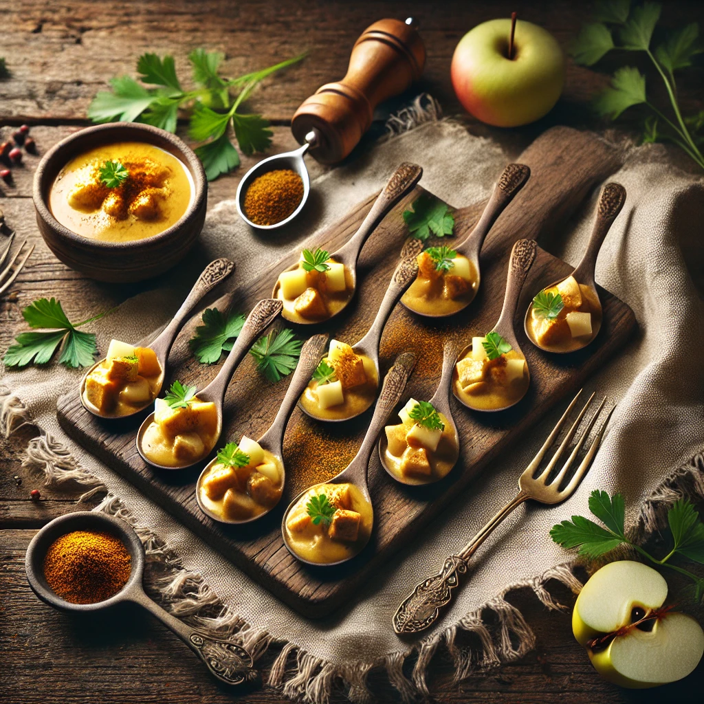 Lepelhapjes met romige kip kerrie, kleine appelblokjes en een takje kervel, elegant geserveerd op een rustieke houten tafel met natuurlijke decoratie.