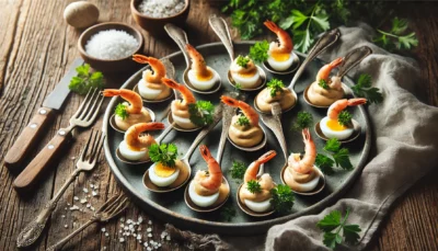 Lepelhapjes met halve kwarteleitjes, kerriemayonaise, grijze garnalen en peterselie, elegant geserveerd op een rustieke houten tafel met natuurlijke decoraties.
