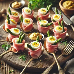 Lepelhapjes met een hamnestje gevuld met een romig mengsel van geplet ei, mosterd, aspergestukjes en peterselie, geserveerd op een rustieke houten tafel met natuurlijke decoratie.