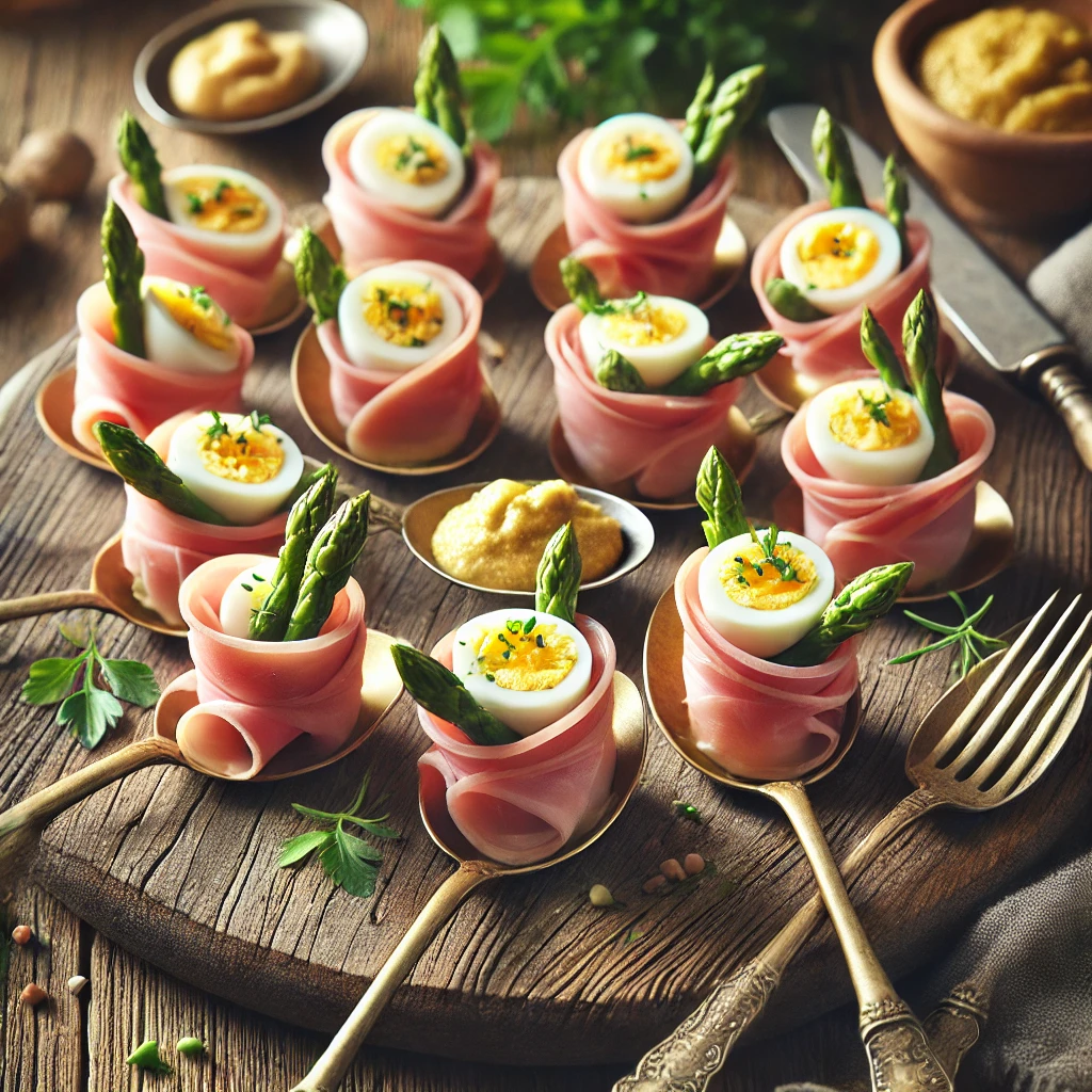 Lepelhapjes met een hamnestje gevuld met een romig mengsel van geplet ei, mosterd, aspergestukjes en peterselie, geserveerd op een rustieke houten tafel met natuurlijke decoratie.