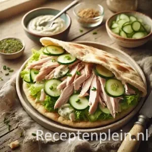 Maaltijdpita met gerookte kip en bieslookroom op rustieke houten tafel