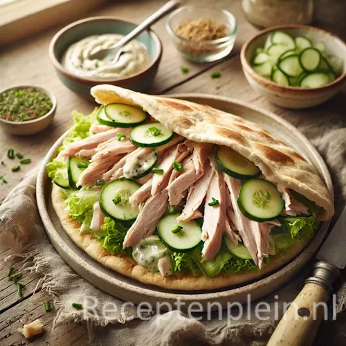 Maaltijdpita met gerookte kip en bieslookroom op rustieke houten tafel