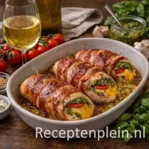 Mediterrane gevulde kipfilet uit de airfryer, omwikkeld met bacon en gevuld met groene pesto, kruidenkaas en tomaat, geserveerd in een ovenschaal op een rustieke houten tafel met een glas witte wijn en verse ingrediënten.