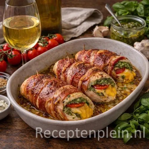 Mediterrane gevulde kipfilet uit de airfryer, omwikkeld met bacon en gevuld met groene pesto, kruidenkaas en tomaat, geserveerd in een ovenschaal op een rustieke houten tafel met een glas witte wijn en verse ingrediënten.