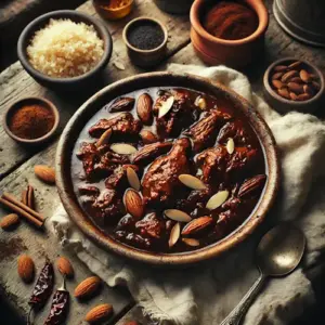 Mexicaanse kipstoofpot met amandelen en chocolade op rustieke houten tafel
