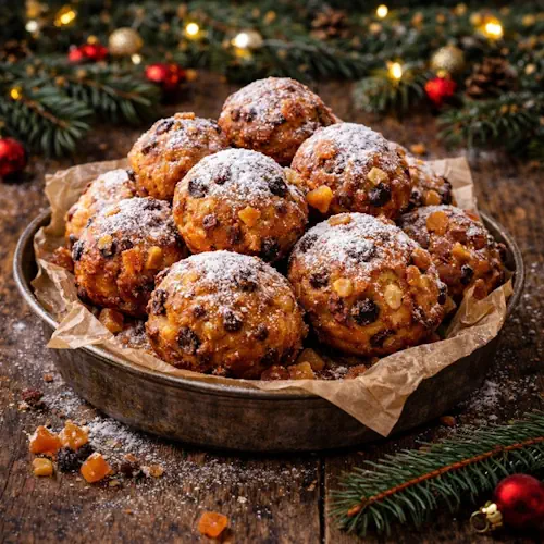 Goudbruine oliebollen met rozijnen en stukjes abrikoos, rijkelijk bestrooid met poedersuiker, geserveerd op een rustieke houten tafel met een warme feestelijke sfeer.