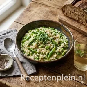 oosterse risotto asperges op een rustieke houten tafel.