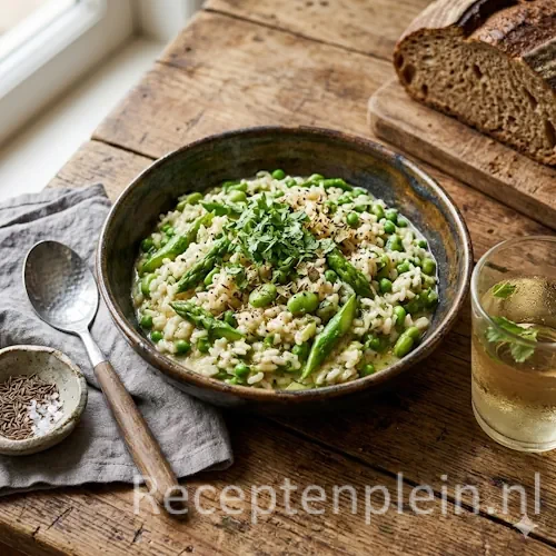 oosterse risotto asperges op een rustieke houten tafel.