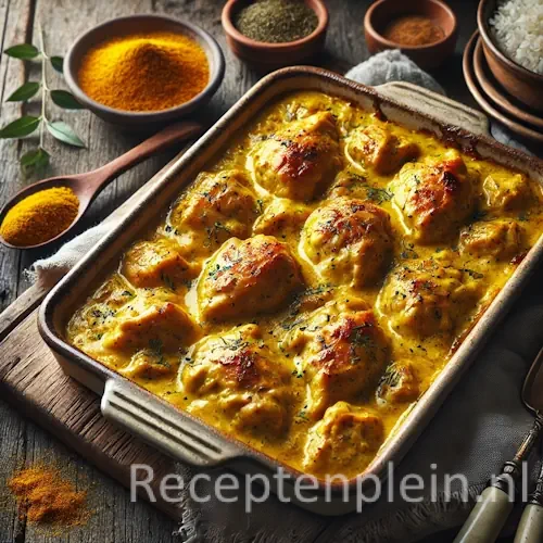 Ovenschotel kip met kerrie op een rustieke houten tafel