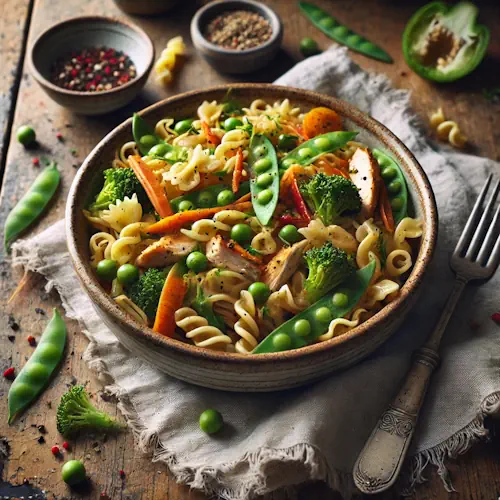 Pasta met kip en knapperige groenten op rustieke houten tafel