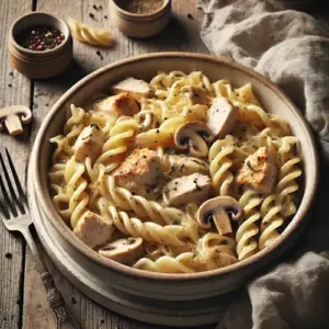 Pasta met kip in romige saus op rustieke houten tafel