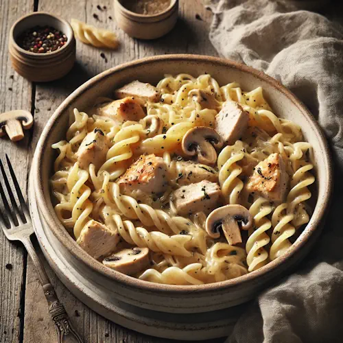 Pasta met kip in romige saus op rustieke houten tafel