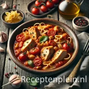 Pastasaus met kipfilet op een rustieke houten tafel