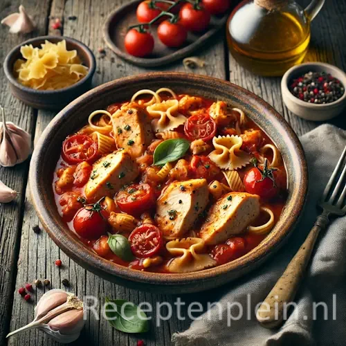 Pastasaus met kipfilet op een rustieke houten tafel