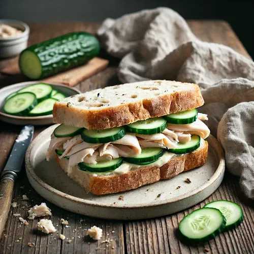 Picknicksandwich met kip en komkommer op rustieke houten tafel