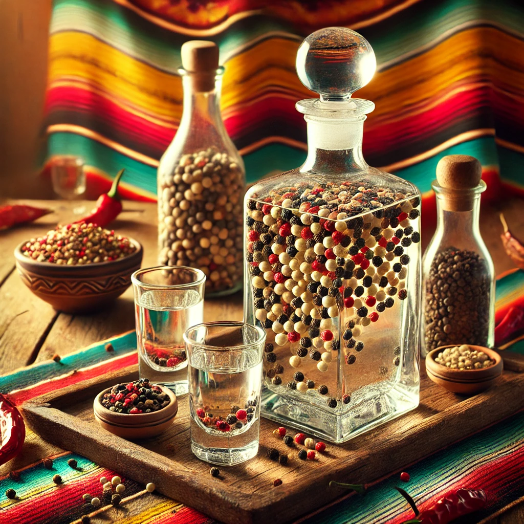 Een elegante presentatie van peperwodka in een glazen karaf met bijpassende kleine glazen, geplaatst op een rustieke houten tray. De wodka heeft zichtbare witte en zwarte peperkorrels die een krachtige visuele textuur toevoegen. Losse peperkorrels zijn kunstig verspreid rond de karaf. De warme achtergrond straalt een uitnodigende sfeer uit met levendige kleuren en subtiele decoratieve patronen. 🍸🌶️✨